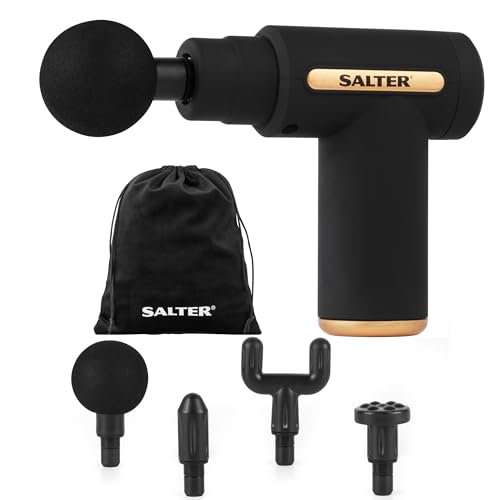 Salter EE7427BLKSTKEU7 Mini Massage Gun – 4 Massage Heads, LCD Panel, Electric Handheld, Rechargeable, 6 Intensity/Speeds, Includes Carry Bag and USB, Relaxation, Deep Massage, Tension Relief, Black