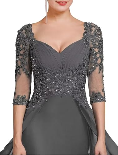 Mermaid Mother of The Bride Dresses 3/4 Sleeves Chiffon Beaded Formal Evening Gowns with Train JH0242