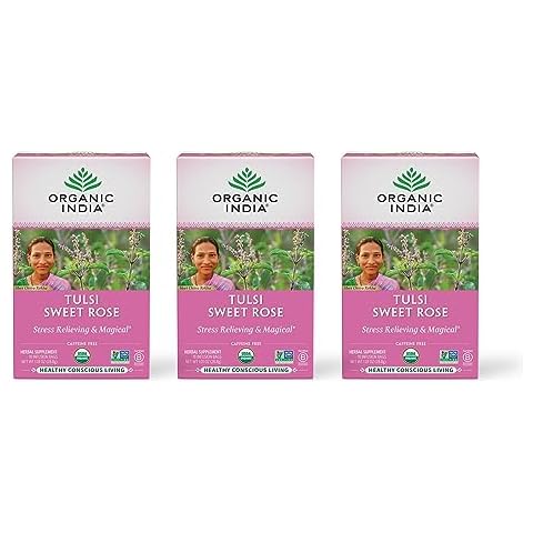 ORGANIC INDIA Tulsi Sweet Rose Herbal Tea - Holy Basil Leaf, African Basil, Chamomile, Lemon Myrtle, Stress Relieving, Caffeine Free - 18 Bags, 3 Pack Cover