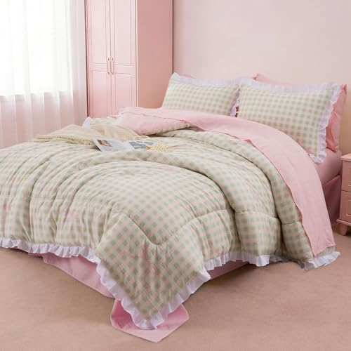 A Nice Night 5Pcs Comforter Sets Ruffle Comforter for Dorm Room Essentials for Full Bed Pink Green Plaid Checkered Chic Bedding Bed in a Bag for Girls Boys Teens