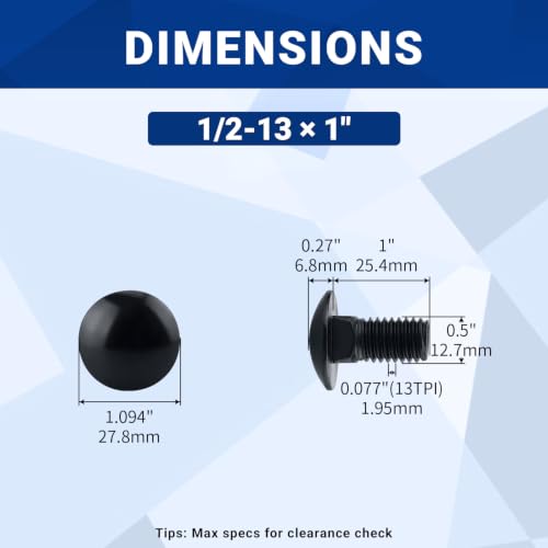 Image of 1 /2-13 x 1 Black Carriage Bolts with Nuts and Washers Kits (8 Sets), 304 Stainless Steel 18 /8, Black Finish, Round Head, Square Neck, Heavy Duty Bolts, Indoor Outdoor Fastening Bolts, Fayeploo