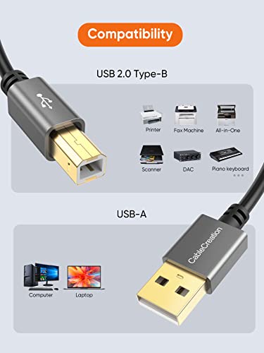 Image of CableCreation USB Printer Cable, USB 2.0 A Male to B Male Scanner Cord | Compatible with, Cannon, Brother, Epson, Xerox, Samsung and More, 5 FT, Aluminium Case, Black