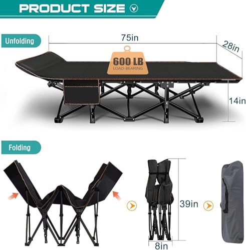 DRMOIS Feldbetten Klappbar Campingbetten, Campingliege Übergroßes 81 cm breites, tragbares, faltbares Outdoor, Tragkraft 400 kg- mit Isomatte Matratze, Schwarz, Größe XXL