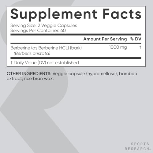 Image of Sports Research Berberine - Herbal Ayurvedic Metabolic Health Support - 1000mg - 120 Capsules - Vegan Certified, Gluten-Free, Non-GMO