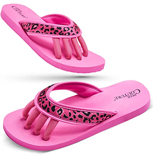 Pedicure Sandals with Built In Toe Separators for Women - Comfortable Spa Style Flip Flops for Home, Salon, Yoga & Gym Use - Ideal for Nail Drying & Foot Wellness (Pink Leopard-XL)