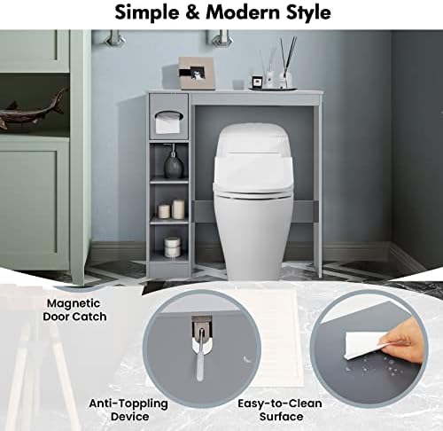 Multigot Over Toilet Storage Shelf, Freestanding Bathroom Space Saver with Adjustable Shelves & Paper Holder, Wooden Home Laundry Display Organizer Unit (Grey)