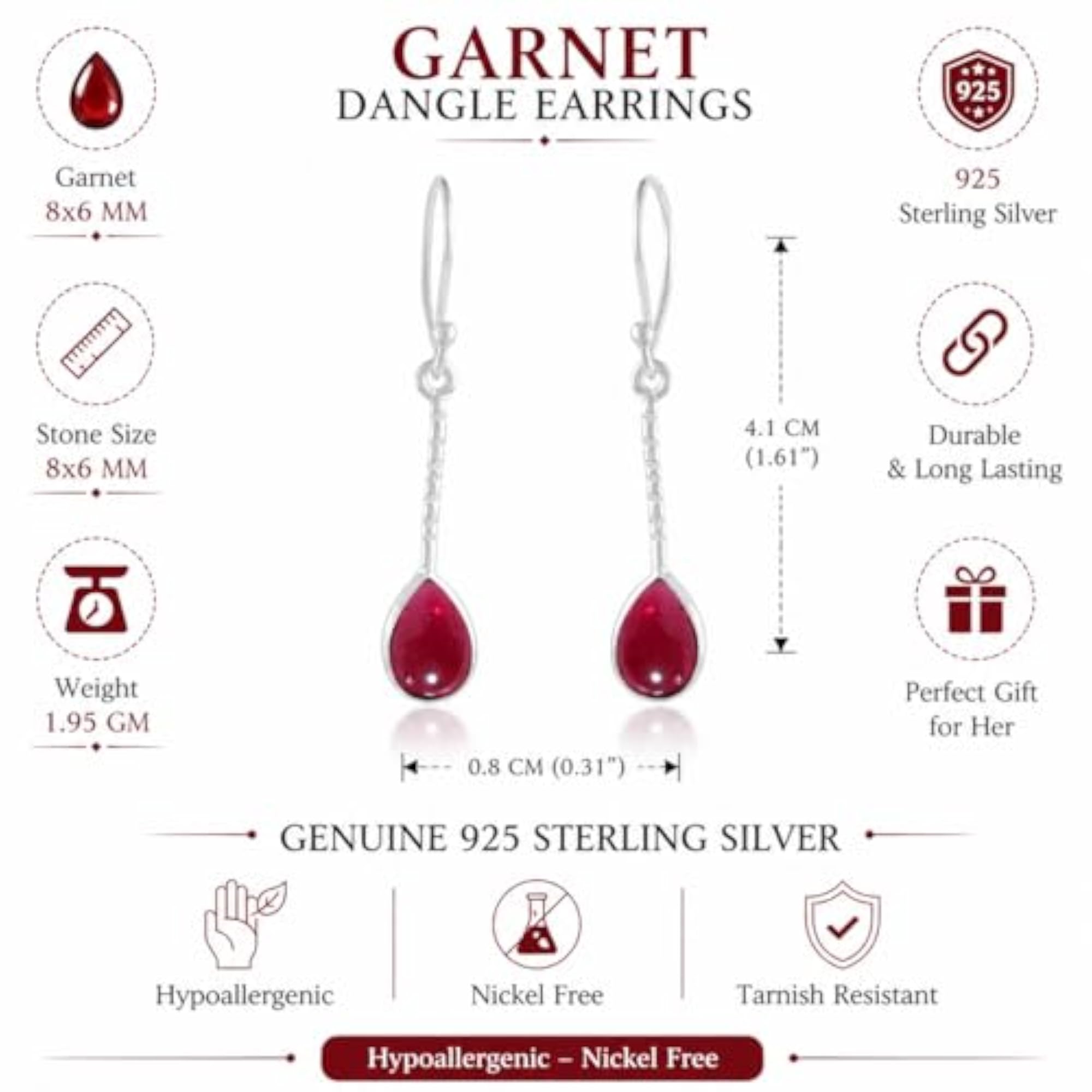 925 Sterling Silver Garnet Drop Earrings for Women