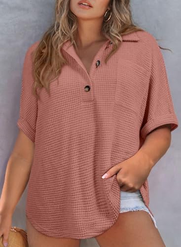 Eytino Women Plus Size Waffle Knit Tops Henley Shirts Short Sleeve V Neck Solid Color Casual Blouse Tunic(1X-5X)2