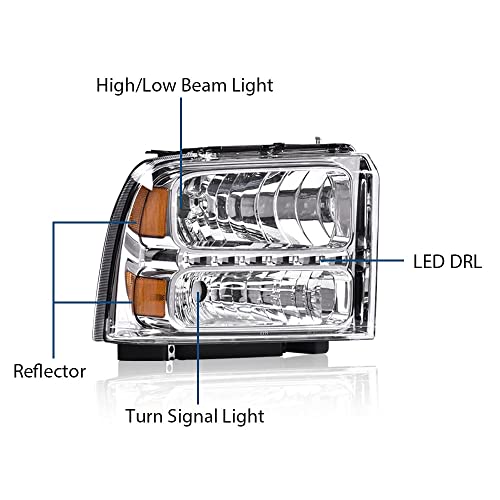 Image of GRAND ORANGE LED DRL Headlights Compatible with 2005 2006 2007 Ford F250 F350 F450 F550 Super Duty Fit 2005 Ford Excursion Clear lens Chrome Housing Amber Reflector