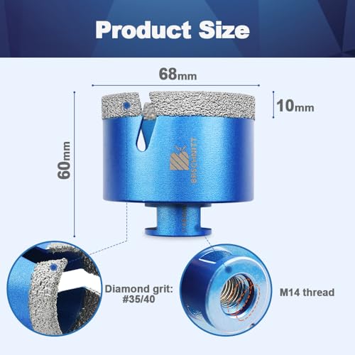 Diamant Fliesenbohrer 68mm - BRSCHNITT M14 Diamantbohrer Lochsäge für Fliesen Porzellan Keramik Marmor Granit Bohrungen, für Winkelschleifer