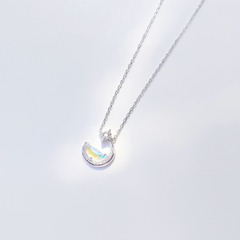 Collar de Luna Brillante de Plata 925 para Mujer, Gargantilla de Luna Llena de menisco de Cristal, Colgante de Agua en la Luna