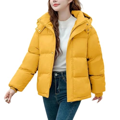 Chaqueta de invierno cálida con capucha para mujer, de algodón, de plumón grueso, informal, ropa de abrigo para mujer, amarillo, S