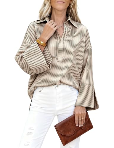 Watashi Women Button Down Shirt Casual Striped Print Dressy Henley Shirts Oversize Long Sleeve Collared Office Work Blouse(Khaki-M)