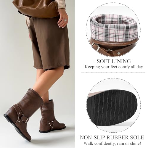 Cozivwaiy Black Ankle Boots For Women Round Toe Flats Comfortable Slip On Buckle Riding Low Heel Dress Casual Boots3