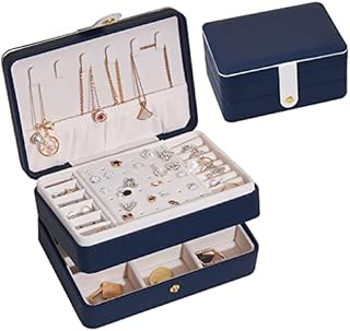 hombrima Small Travel Jewellery Box, Jewelry Storage Organizer Cases with Doubel Layer for Womens Necklace Earrings Rings Bracelet (Dark Blue)