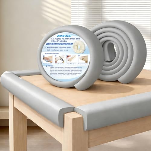 Image of ZOMPAGO Baby Edge Protector 2 Roll (13FT) Corner Guards - Grey Foam Furniture Corner Protectors - Baby Proof Corners and Edges for Table, Wall, Bed Frame - Baby Proofing Safety Bumpers