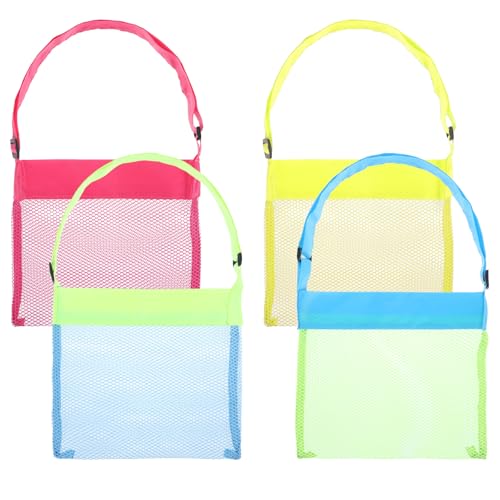 4Pcs Colorful Mesh Beach Bags Seashell Bag for Kids, Portable & Foldable Sea Shell Bag with Adjustable Carrying Straps, Shell Collecting Bags for Outdoor Beach Activities Adventures