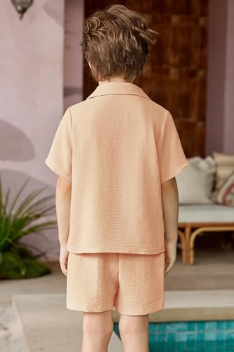 Image of Arshiner Boys 2 Pieces Summer Beach Outfits Short Sleeve Button Down Shirts and Shorts Vacation Texture Sets for Kids