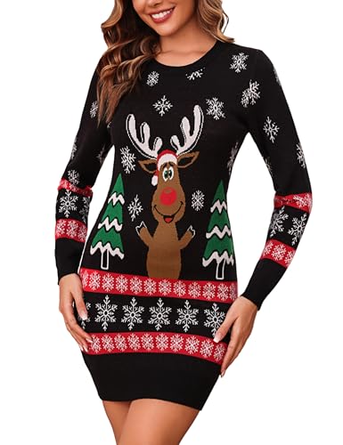Bresdk Weihnachtskleid Damen Strickkleid Damen Winter Elegant Strickpullover Langarm Pulloverkleid Winterkleid Damenkleid Schwarz S