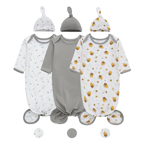 LAT Newborn Knotted Gown for Boy Girls,Baby Tie Gown Nightgown,Baby Sleeper with Matching Hat Set 3 Pack,Sleepwear Romper Sleeping Bags Outfits Home(Gray+Bee+Stars,3-6months)