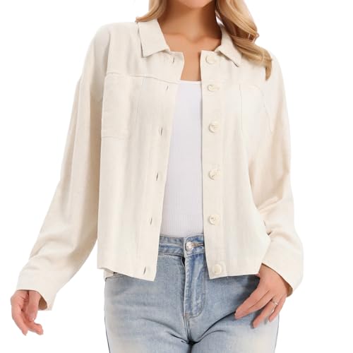 Allegra K Linen Jacket for Womens Casual Long Sleeve Button Down Lapel Utility Jackets with Pockets Large Beige