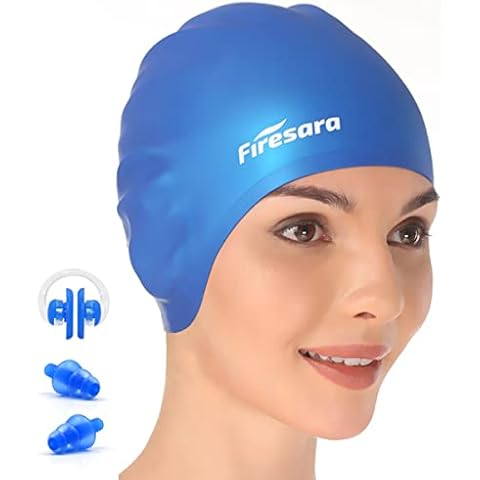 firesara Swim Cap, Silicone Swimming Cap for Long Short Hair 3D Design Non-Slip Waterproof for Adult Men Women Kids Swim Hat with Nose Clip Ear Plugs Cover