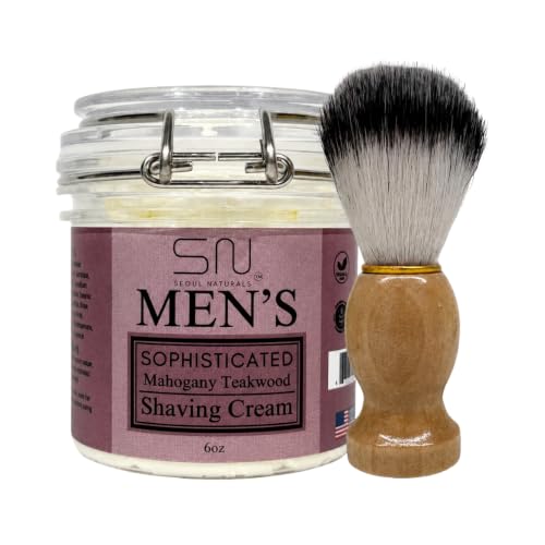 Seoul Naturals Sophisticated Mahogany Teakwood Shaving Cream with Barber Brush, k beauty, 6 oz