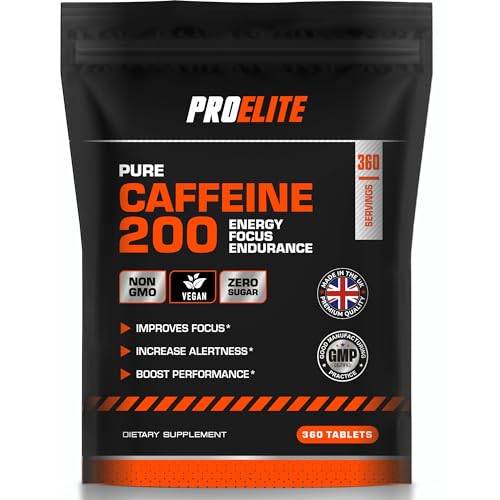 Caffeine 200mg 360 Tablets | Energy Boost & Exercise Support Pre Workout Weight Loss | Improve Focus & Alertness | Vegan UK Made | Better Than Caffeine Gels Gummies Capsules Pills PROELITE