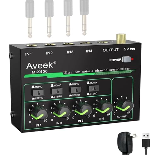 Aveek Mini Line Audio Mixer - Mezclador de Sonido de 4 Canales con Conmutación Estéreo/Mono y Funcionamiento con Poco Ruido para Submezclas de Precisión, Entrada/salida TRS de 1/4' Ideal para Micró