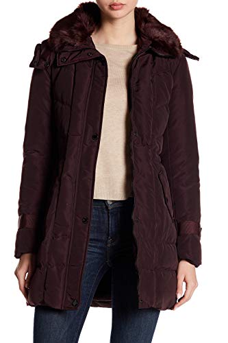 Kenneth Cole New York Women's Poly Oxford Hooded Down Coat with Removeable Faux Fur Collar, Sangria, Small