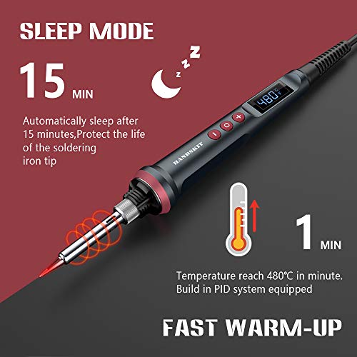 Image of HANDSKIT 90W Digital Soldering Iron Kit, Adjustable Temp, LED Display, C /F Switch, Auto Sleep, 5 Tips, Solder Wire, Stand, Sponge & Precision Tools for Electronics, DIY & Jewelry Repairs