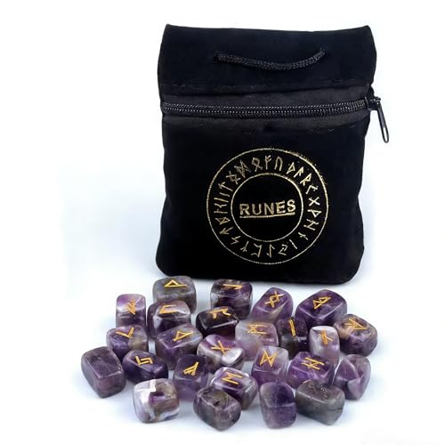 GLOWVEIL Amethyst Rune Stones Set 25 Pcs Healing Crystal Divination Kit, Engraved Elder Futhark Runes with Bag for Meditation Spiritual Guidance Gift