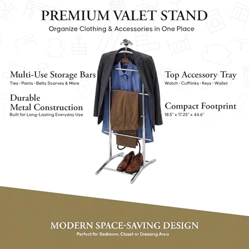 Image of Kings Brand Freestanding Metal Suit Valet Stand with Tie Bar, Chrome | Complete Clothing Organizer with Hanger, Trouser Bar & Shelf Keeps Jackets, Pants, Ties, Belts & Accessories Organized