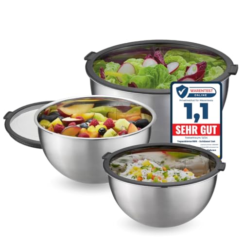 TOPANBIETER 999 6 teiliges Schüssel Set Edelstahl-Mixing Bowl Rührschüssel luftdichte Aufbewahrungsdeckel stapelbar, spülmaschinengeeignet, innenliegende Skalierung, 1, 2, 4,5l