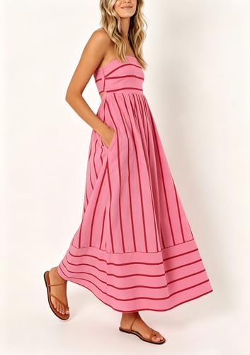 Image of chouyatou Women's Striped Back Smocked Maxi Dress Sexy Spaghetti Strap Cut Out Flowy Swing Long Dress