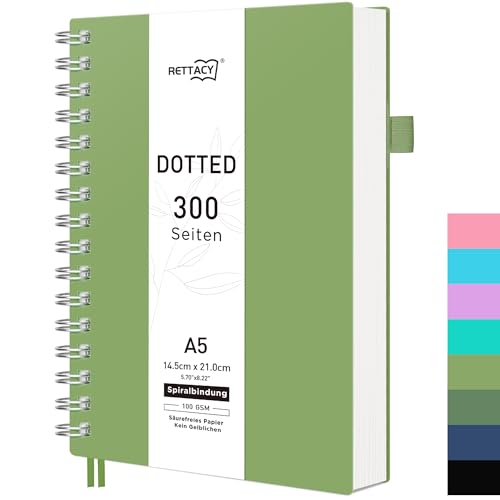RETTACY Cuaderno A5 con Puntos, Cuaderno en Espiral, 300 Hojas/150 Páginas para Escribir, 100 g/m², Tapa Dura de PVC, para Mujeres, Hombres, Trabajo, Oficina, Escuela, 14,5 x 21 cm, Verde