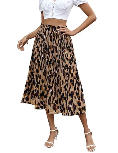 Parabler Damen Midi Rock Elegante Blumen Polka Dot Lang Chiffon Rock Elastische Taille Sommerrock Flatenrock Strandrock mit Taschen Leoparden M