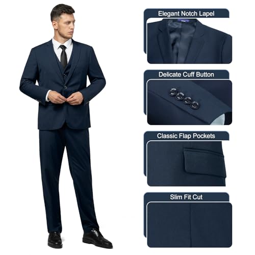 Men's Slim Fit 3 Piece Suit Set, Two Button Solid Blazer Jacket with Multi-Functional Pockets for Business/Party2