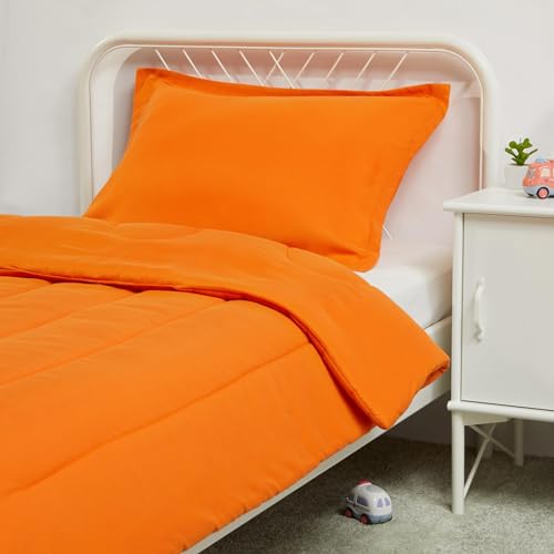 Image of Amazon Basics 2 Piece Microfiber Kid's Comforter and Pillow Sham Set, Toddler, Bright Orange, Solid