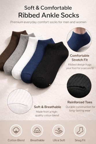 Image of GRAFFY Unisex Cotton Ankle Length Socks for Man & Woman | Soft, Breathable, Comfortable & Durable | Everyday Casual Wear | Multi-Color Pack of 5