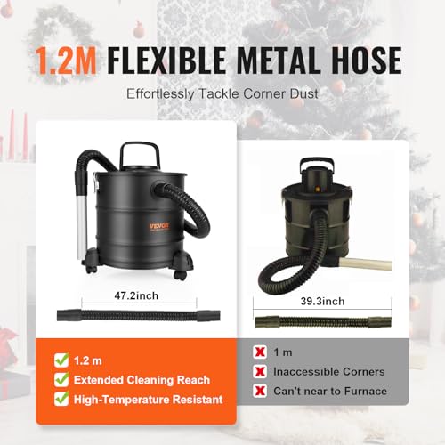 VEVOR Aspirador de Cenizas 20L Potente Aspiración 1200W Aspirador de Pellets de Cenizas con Manguera Flexible de 1,2m Ruedas para Chimeneas Estufas de Pellets Parrillas Hornos de Pizza Brasero de Leña - imagen 5