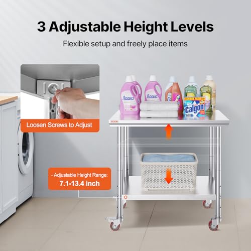 Miniatura 5 de Vevor Mesa De Trabajo 2 Niveles 90 X 60 X 85 Cm, Mesa Con Ruedas De Acero Inoxidable, Estante Inferior Ajustable, Para Preparación De Alimentos En Cocinas Comerciales, Restaurantes, Garajes, Talleres