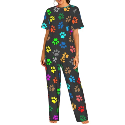 Pyjama à manches courtes femme imprimé patte chien multicolore en coton doux