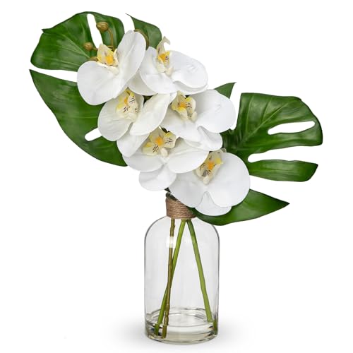 Artificial Monstera Plant and Fake Orchid in Glass Vase, 13.8" Re...