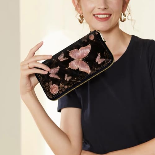 Image of Women's Wallets Credit Card Holder Money Leather Long Wallet | Long wallet with Wristlet,Large Capacity with Zip-Around Phone Purse for Women Ladies Girls,Gold Pink Butterfly