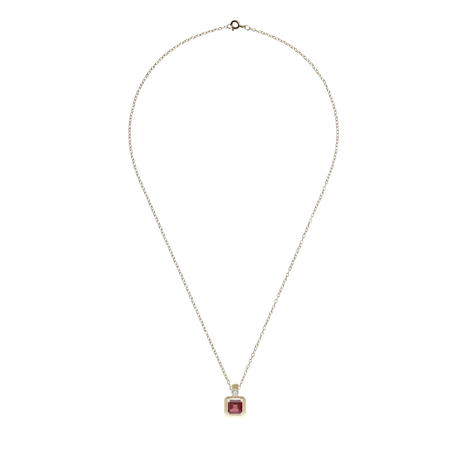 Pendente in oro giallo 9 kt con granato taglio quadrato da 5 mm e diamante, su catenina da 46 cm, Oro Giallo