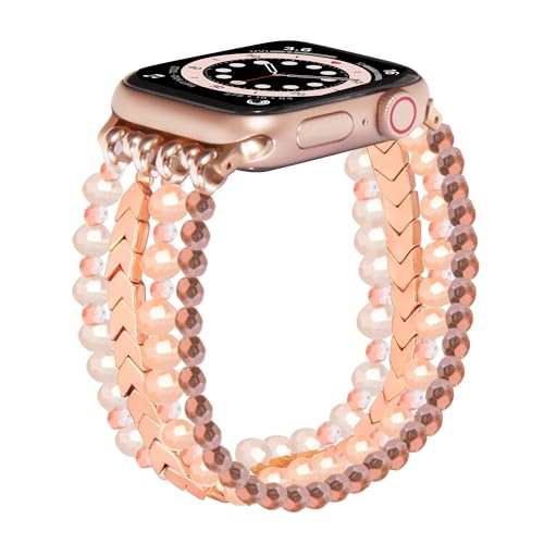 GEMEK Compatible with Apple Watch Band 38/40/41/42/44/45/49mm Women iWatch Bands Series 9/8/7/6/5/4/3/2/1, Handmade Beaded Elastic Stretch Pearl Bracelet Replacement Strap for Women Wristband (Rose Gold) by GEMEK - Used condition - US$13.38
