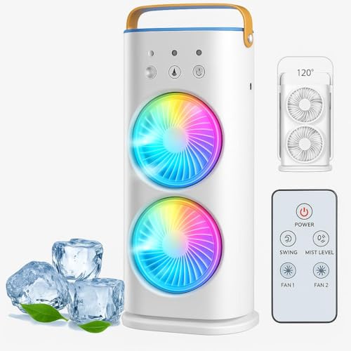 Image of 4000mAh Double Ended Spray Fan, Cold Air, 2025 New Desktop Table Fan USB Rechargeable with LED Light Cooler, Tower Air Coolers & Remote Control,Water Tank,Bedroom, Living Room (C-White)