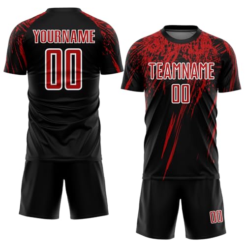 Design Your Own Black Red White Soccer Uniforms Jerseys for Men Women Youth, Custom Novelty Sports Team Soccer Shirts and Shorts Sets, Personalized Splash Print Crewneck Short Sleeve Football Outfit