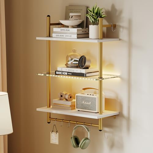 Bestier 24&rdquo; Floating Shelves with LED Lights for Wall, 3 Tier Wall Mounted Glass Shelves with...